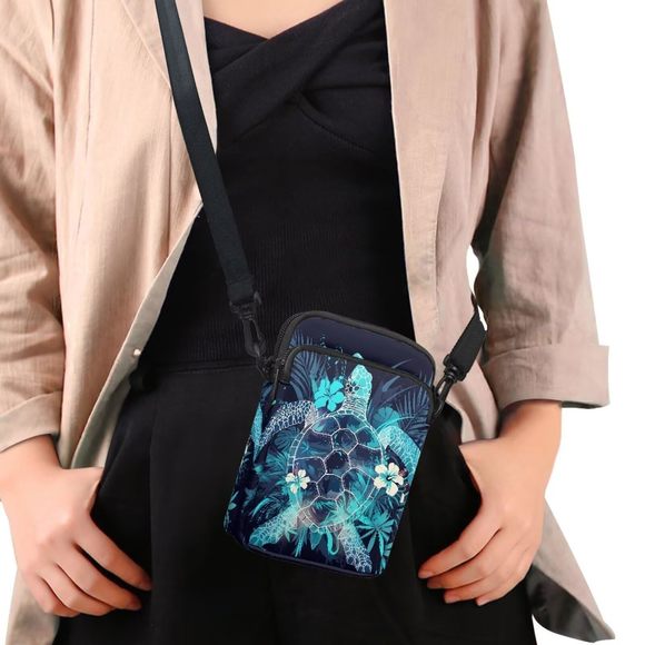 Tropical Turtle Flowers Travel Crossbody Bag Deep Blue Cell Phone Shoulder :D - Picture 3 of 7